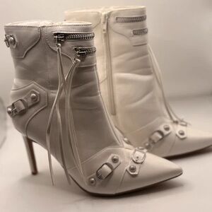 White Pointed Toe Stiletto Ankle Boots with Zipper and Buckle Accents